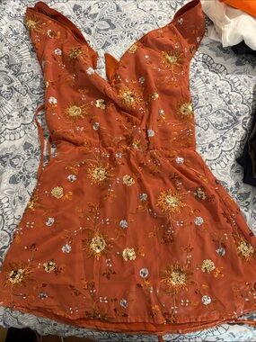 SHEIN Rust Orange Floral Sequin Mini Dress
